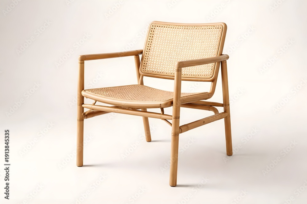 Obraz premium Rattan Armchair in Neutral Interior for Modern Home Decor and Lifestyle Branding