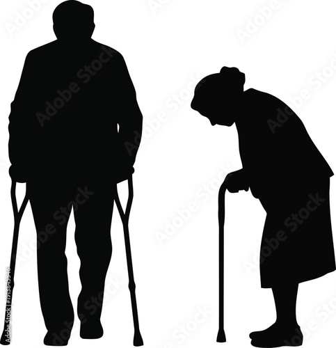 This striking image displays silhouettes of an elderly man with crutches and an older woman with a walking stick