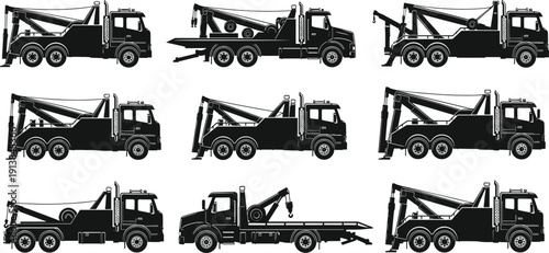 Vector Set of Heavy Duty Tow Truck Silhouettes Featuring Recovery Cranes and Flatbed Haulers for Roadside Assistance and Automotive Logistics Service