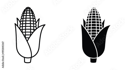 Black and white illustration of two ears of corn with husks