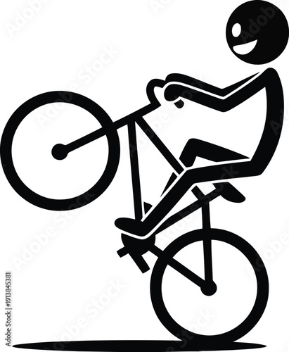 This image shows a smiling stick figure performing a challenging bicycle wheelie stunt on a white background