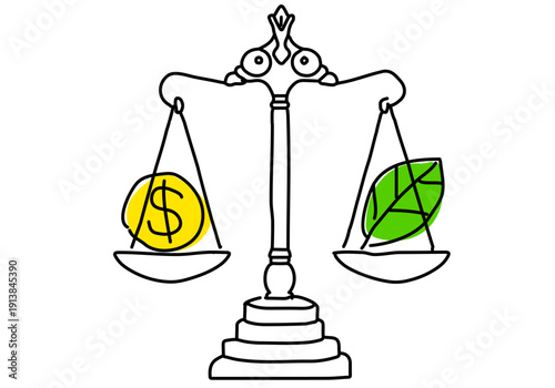 環境と経済のバランスESG投資、天秤に乗った葉とコイン