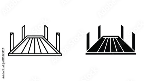Simple black and white illustration of a bridge or overpass with railings