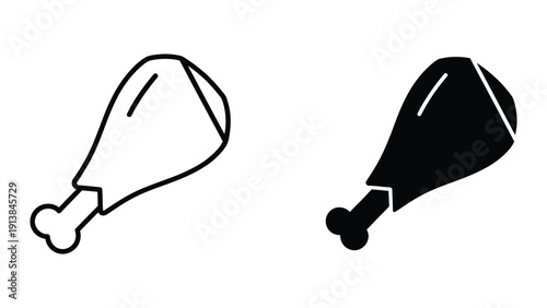 Chicken drumstick icon set, black and white outline