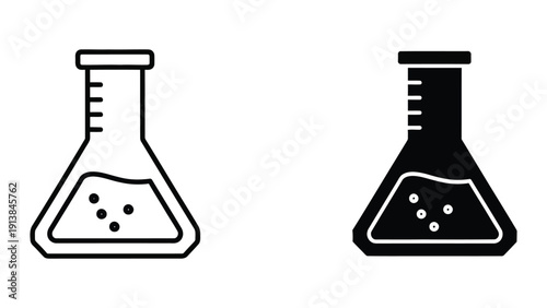 Erlenmeyer flask icon set, black and white outline, laboratory equipment