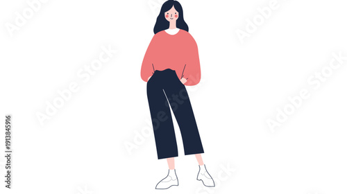 Casual woman standing with hands in pockets wearing coral sweater navy pants and white shoes flat minimalist vector illustration