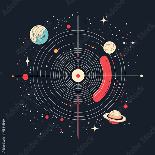 Abstract cosmic target with concentric circles and stylized colorful planets and stars in space minimalist vector illustration on dark background