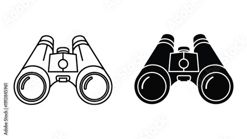 Binoculars icon set, black and white vector illustration
