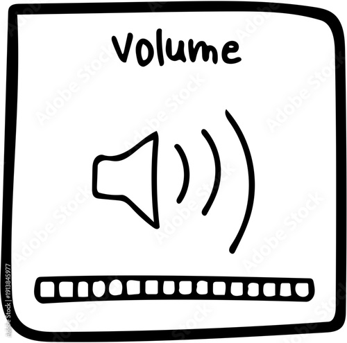 Hand-drawn illustration of a sound volume level indicator bar with sound waves emanating from a speaker icon, representing audio control and user interface elements