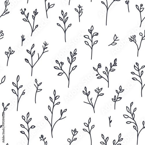 Seamless hand drawn black and white botanical pattern with simple leafy branches and minimalist foliage line art on white background