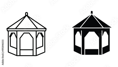 Black and white illustration of two identical octagonal gazebos