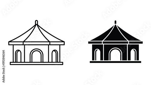Simple line art of traditional pavilion or gazebo in black and white on white background