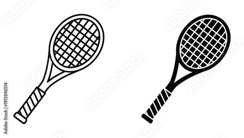 Tennis rackets, black and white outline illustration, sports equipment