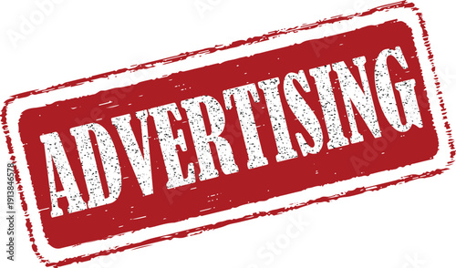 Vibrant red advertising stamp with white text on clean white background