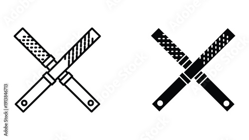 Crossed swords icon set, black and white graphic illustration
