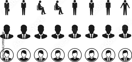 Professional businessman avatar collection, corporate employee profile silhouette set, office worker character icons, isolated black suit and tie user symbols, executive leadership headshot graphics.