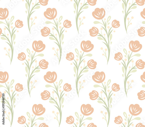 Seamless floral pattern with delicate beige flowers and leaves in tracery folk art style. Flat vector surface design