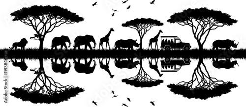 Majestic safari landscape silhouette collection, wild African nature vector set, lion elephant giraffe rhino graphics, savannah trees wildlife mirror reflection icons, isolated black outdoor scenery e