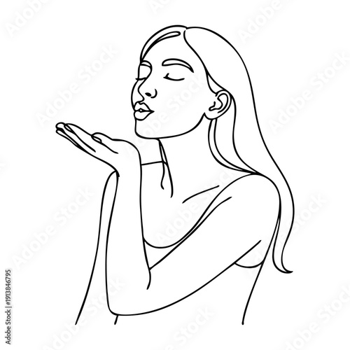 Dibujo con línea continua del retrato de una hermosa joven enviando un beso con la mano 