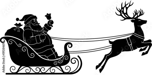 Santa Claus with reindeer sleigh silhouette, Christmas holiday flying vector, winter festive seasonal graphic, Saint Nicholas with gift sack icon, isolated black decorative celebration element.