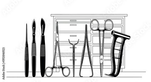 Medical instruments are arranged on a table in a hospital setting.