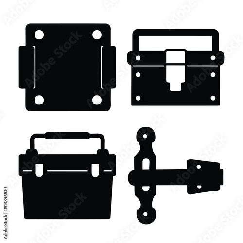 Various black silhouettes of classic box hardware components and storage containers