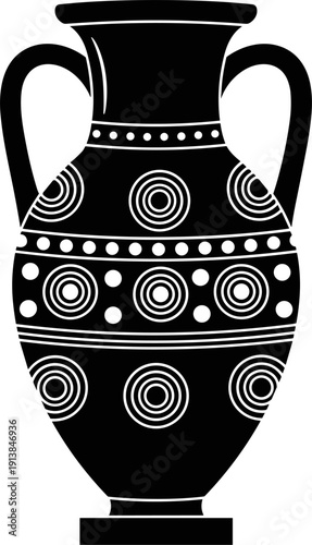 Antique pottery amphora icon, ancient greek vase silhouette symbol, decorative clay ceramic graphic, historical mediterranean pottery design, isolated black museum artifact silhouette.