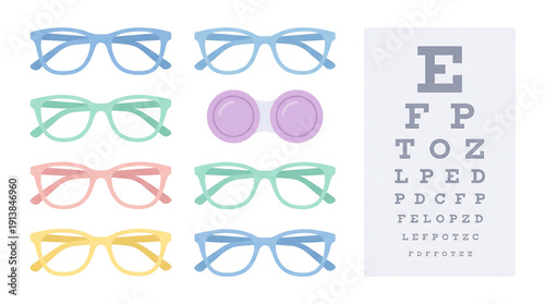 Colorful Eyeglasses and Eye Chart Illustration.