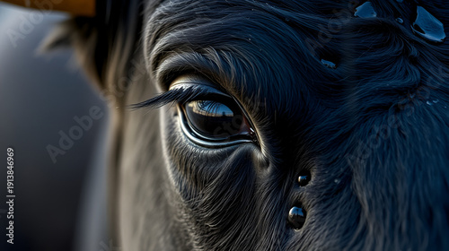 Close-up of a dark blinking black eye of a black unidentified bull with glare reflected in it under raindrops. The concept of defenseless fearful animals