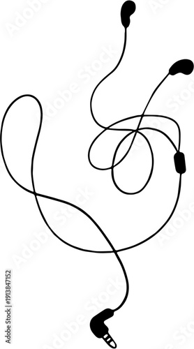 Minimalist black line art illustration of tangled wired in-ear headphones, featuring connected earpieces and an audio jack, symbolizing sound, music, and modern listening devices