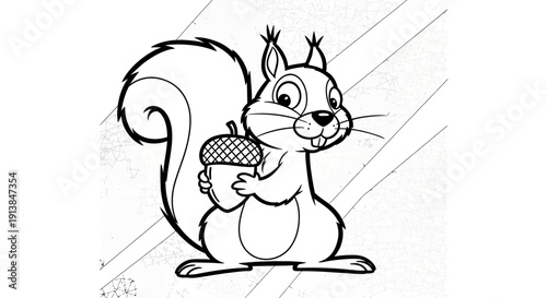 A cute cartoon squirrel holds an acorn outdoors in nature.