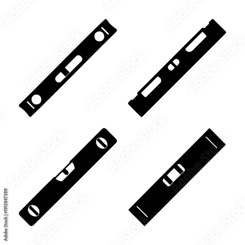 Set of four spirit level black silhouettes for construction and woodworking tools illustration