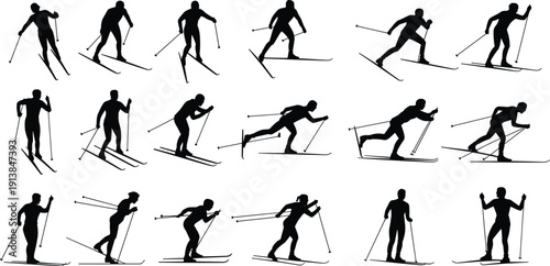 Cross country skiing silhouettes collection, dynamic winter sport action poses set, isolated vector illustration for outdoor fitness, competition and snow adventure themes