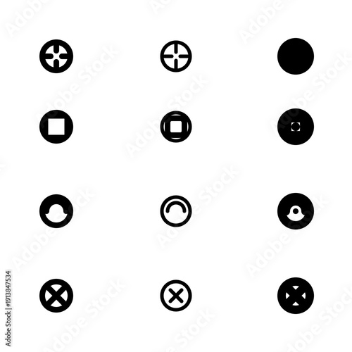 Set of minimalist circular UI icons including crosshairs, stop buttons, and close symbols. Professional black vector elements for gaming interfaces, media players, and web apps.