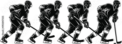 Ice hockey player silhouettes sequence, dynamic skating and puck control action poses, isolated vector illustration for winter sport competition themes