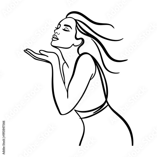 Dibujo con líneas del retrato de una hermosa joven enviando un beso con la mano 