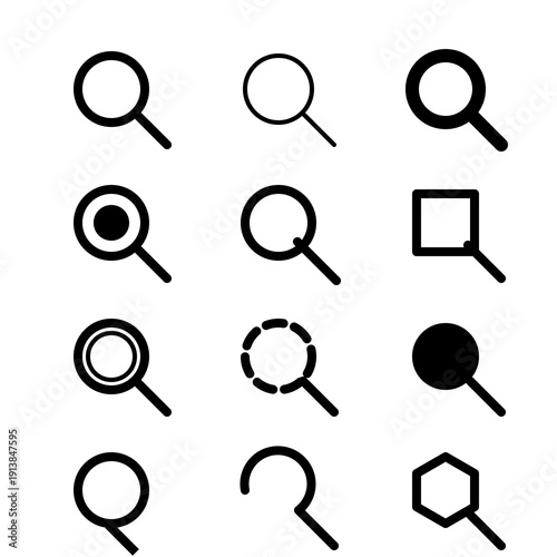 Minimalist collection of search and magnifying glass icons in various stroke weights and geometric styles. Vector set of linear web symbols for UI/UX design, exploration, and discovery. 