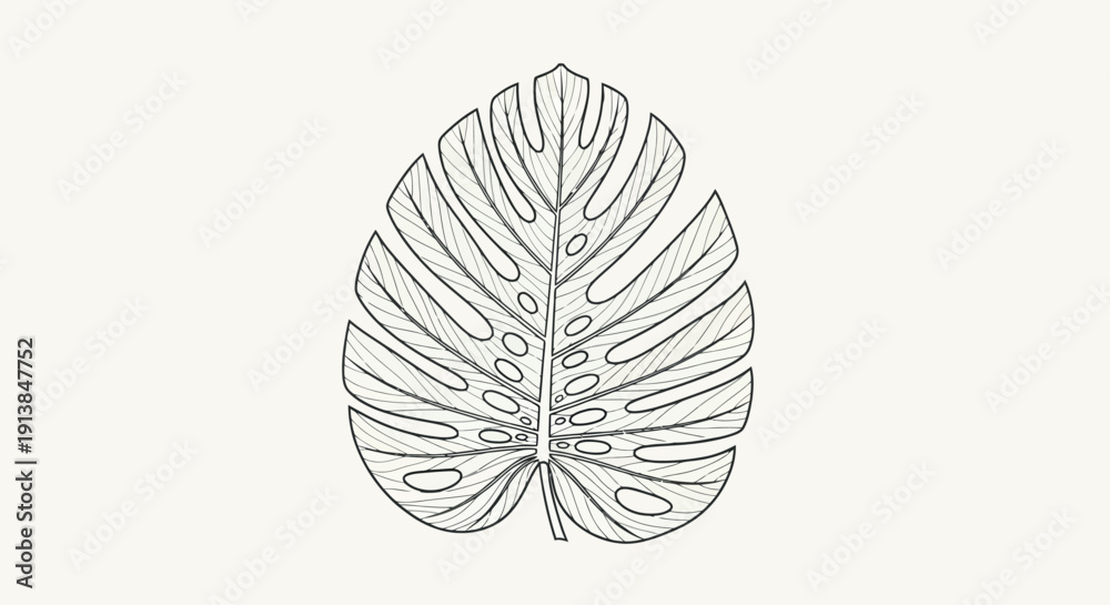 Fototapeta premium Monstera leaf illustration in minimalist style with gray line art on white background for botanical design