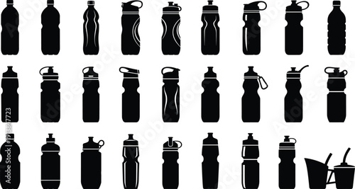 Sport water bottle silhouettes collection, reusable hydration containers and shaker cups set, isolated vector illustration for fitness, gym and healthy lifestyle themes