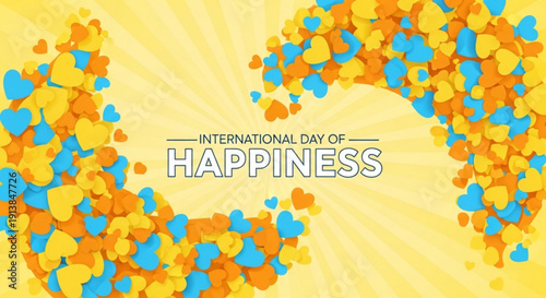 International day of happiness celebration with colorful hearts on yellow background