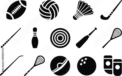 Sports equipment silhouette icon set, collection of balls, rackets, bats and targets, isolated vector illustration for fitness, competition and recreation themes