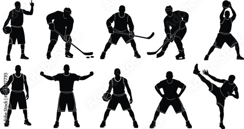 Sports player silhouettes collection featuring basketball, hockey and martial arts action poses, isolated vector illustration for competition, fitness and athletic themes