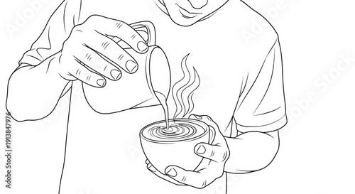 Person Pouring Coffee in Minimalist Line Art with Simple Composition in Monochrome for Beverage Advertising