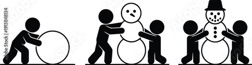Three simple black and white stick figures demonstrate the fun process of building a cheerful snowman