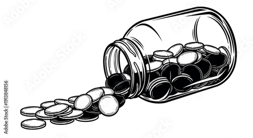 Pills spilling from glass bottle in simple line art style with high contrast black and white for medical illustration