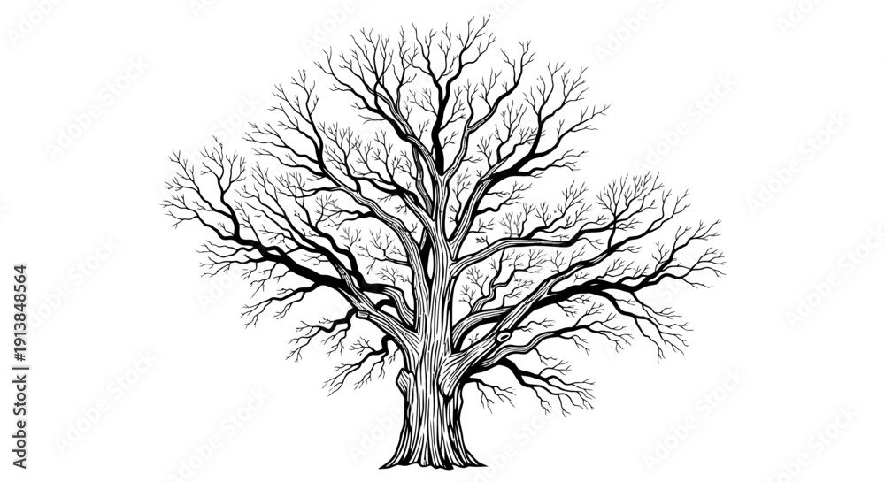 Obraz premium Bare Tree Silhouette in Dramatic Monochrome with Detailed Branches for Graphic Design