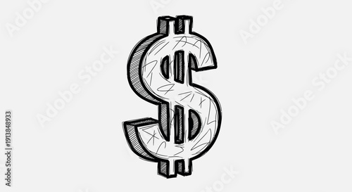 Broken Dollar Sign in Simple Sketch Style with Black Outline on White Background for Finance Illustration