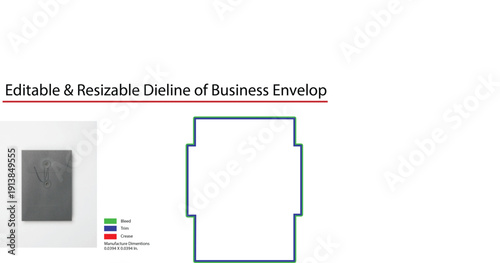 Editable and Resizable Dieline of Business Envelope with Colored Guidelines