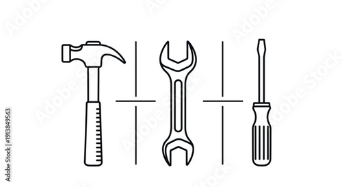 Tools Set in Minimalist Line Art with Black Color on White Background for DIY Projects