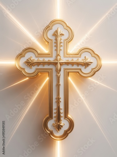 Golden Cross Radiating Faith: A meticulously crafted golden cross, emanating divine light against a soft, textured backdrop, symbolizes faith, hope, and spiritual devotion.